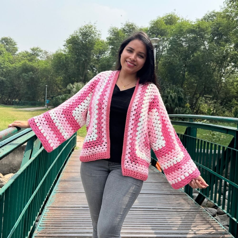 Gulabi Noor | Handmade Pink Hexagon Crochet Cardigan