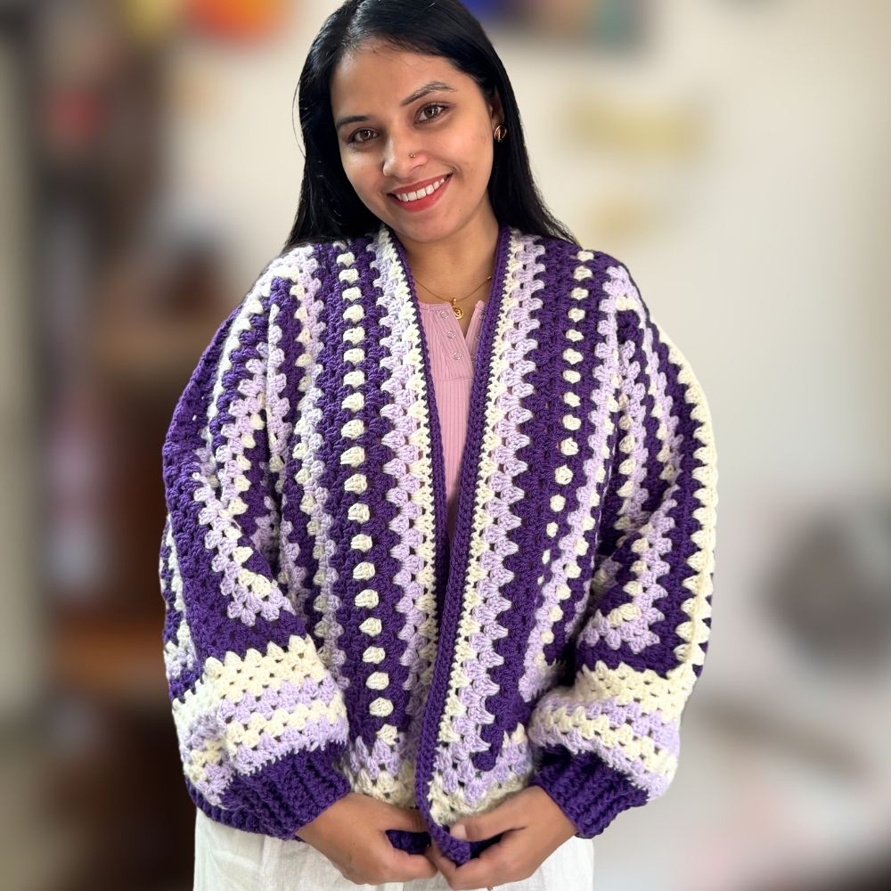 Jamuni Noor | Handmade Purple Hexagon Crochet Cardigan