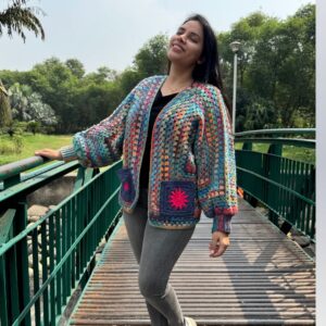Rangrez | Handmade Multicolour Hexagon Crochet Cardigan with Pockets