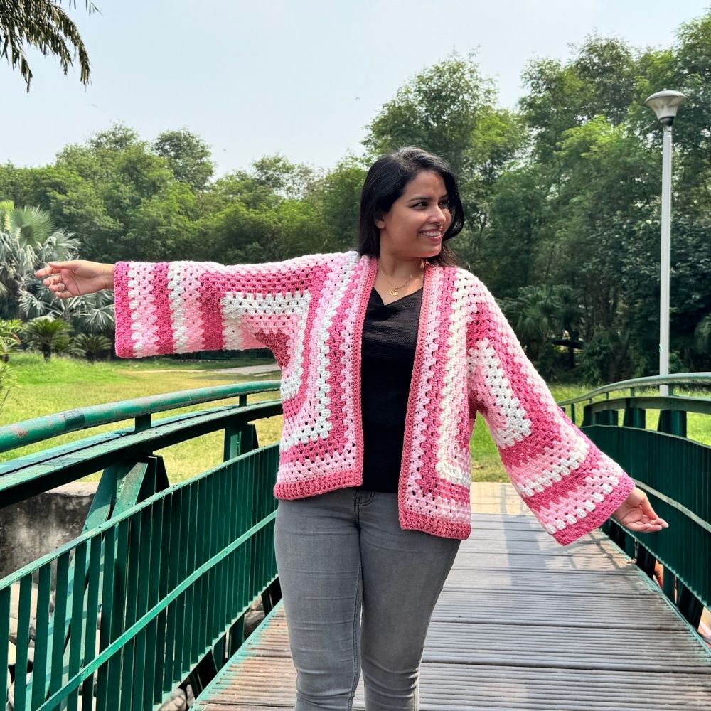 Gulabi Noor | Handmade Pink Hexagon Crochet Cardigan