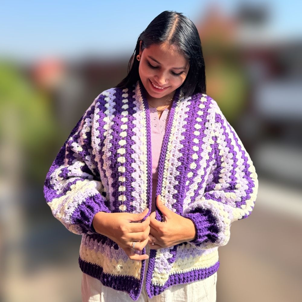 Jamuni Noor | Handmade Purple Hexagon Crochet Cardigan