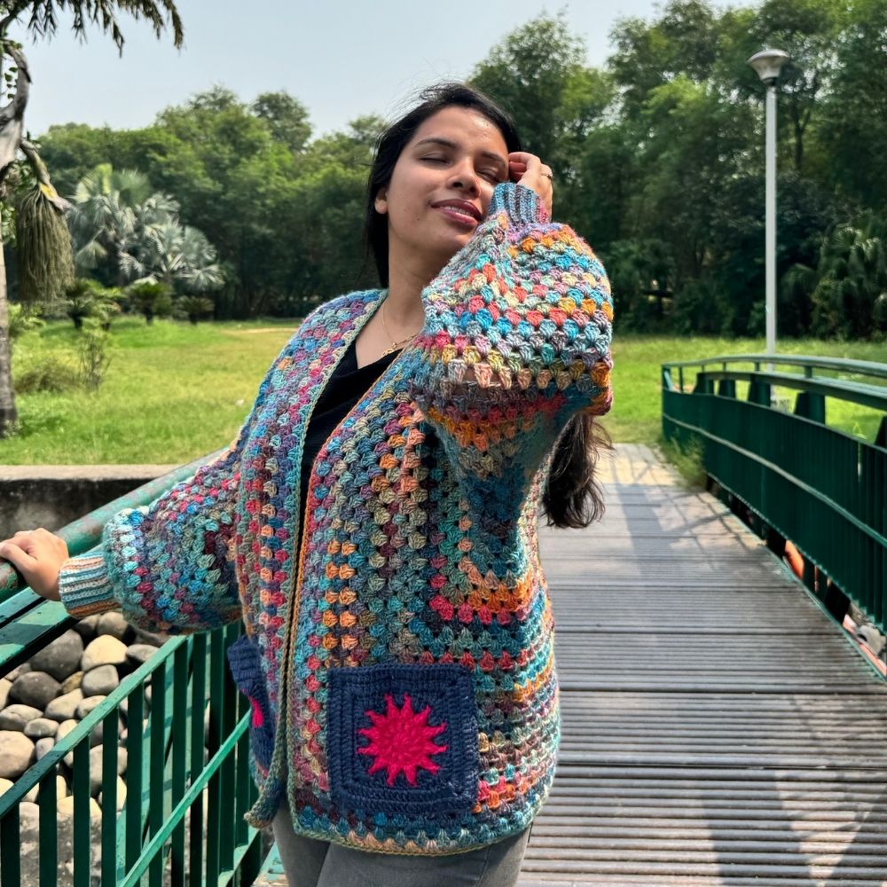 Rangrez | Handmade Multicolour Hexagon Crochet Cardigan with Pockets