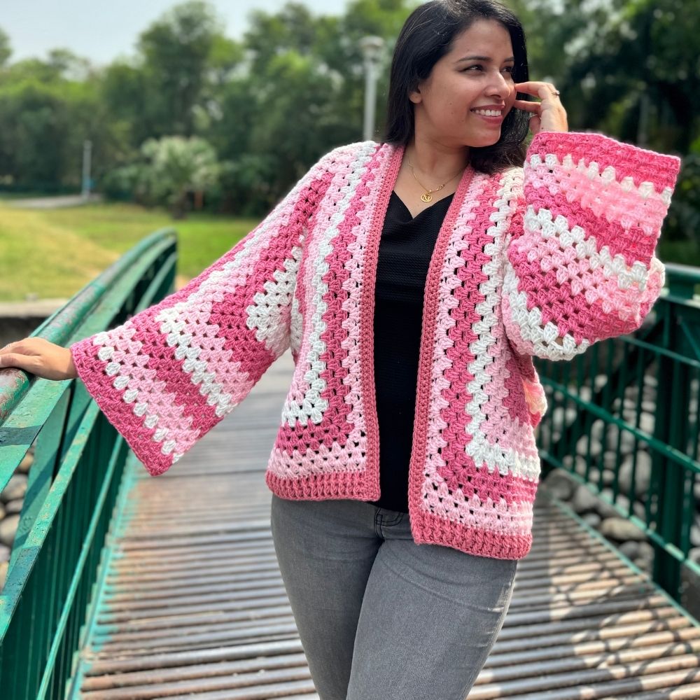 Gulabi Noor | Handmade Pink Hexagon Crochet Cardigan