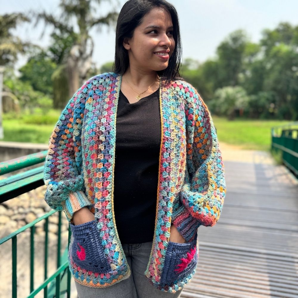 Rangrez | Handmade Multicolour Hexagon Crochet Cardigan with Pockets