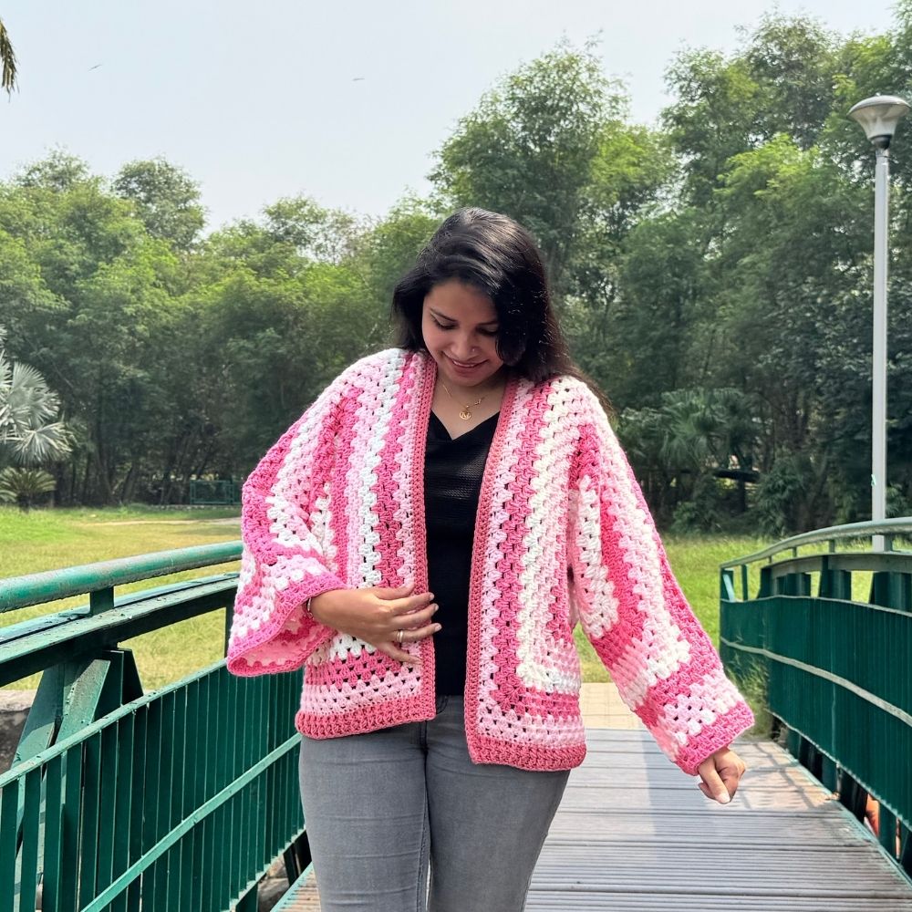 Gulabi Noor | Handmade Pink Hexagon Crochet Cardigan